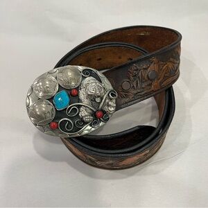 Western Leather Belt American Bear Turquoise Coral Buffalo Coins Belt Buckle VTG
